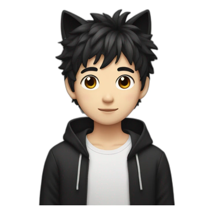 Japanese boy, with black cat ears and cute fluffy hair in black sticker
