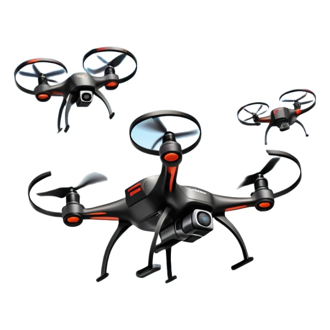 An icon showing a racing quadcopter drone in the foreground, flying at high speed through a course filled with obstacles and checkpoints. Other drones zoom in the background over a dynamic landscape. Transparent background highlights the thrill and precision of drone racing. sticker