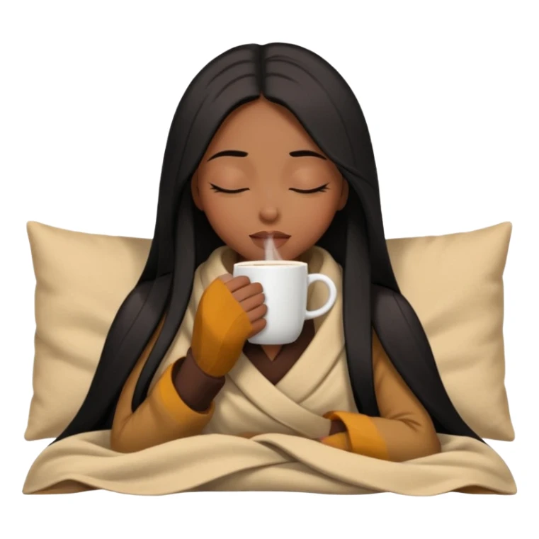 Chocolate brown girl with long straight jet black hair wrapped inside a tan blanket sipping coffee eyes closed sticker