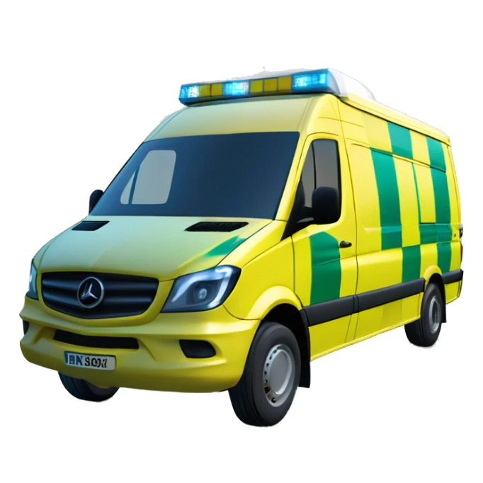 NHS Mercedez sprinter ambulance, yellow body, with green and yellow checkerboard strip along the bottom. NHS logo on the side. Blue flashing light strip on top. Black small window on side. sticker