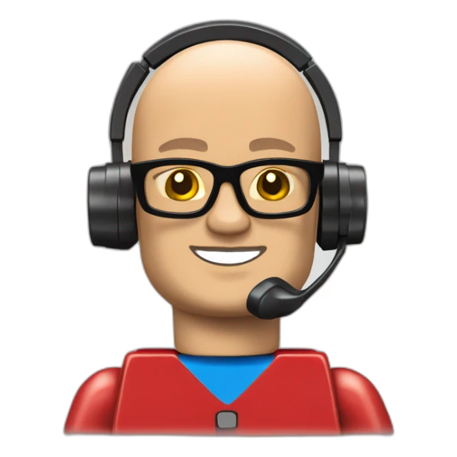 LEGO customer service bald men with headset with red shirt sticker
