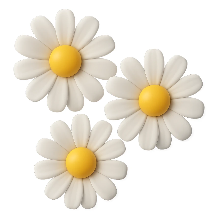3D iOS-style daisies, realistic white petals, yellow centers, soft lighting, no background sticker