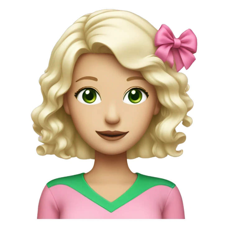 platinum blonde with green eyes wearing a pink bow with green shirt sticker