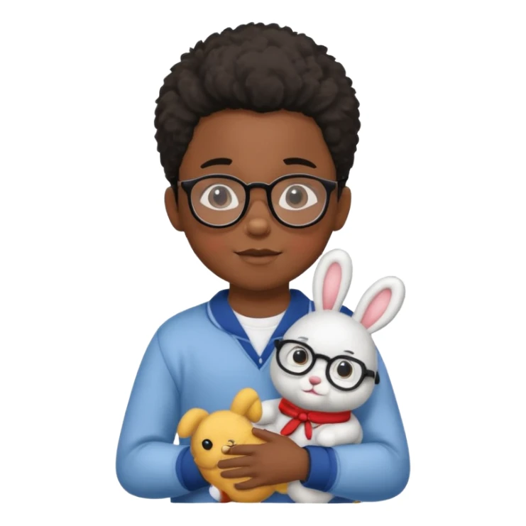 black boy kid with glasses → holding a toy rabbit sticker