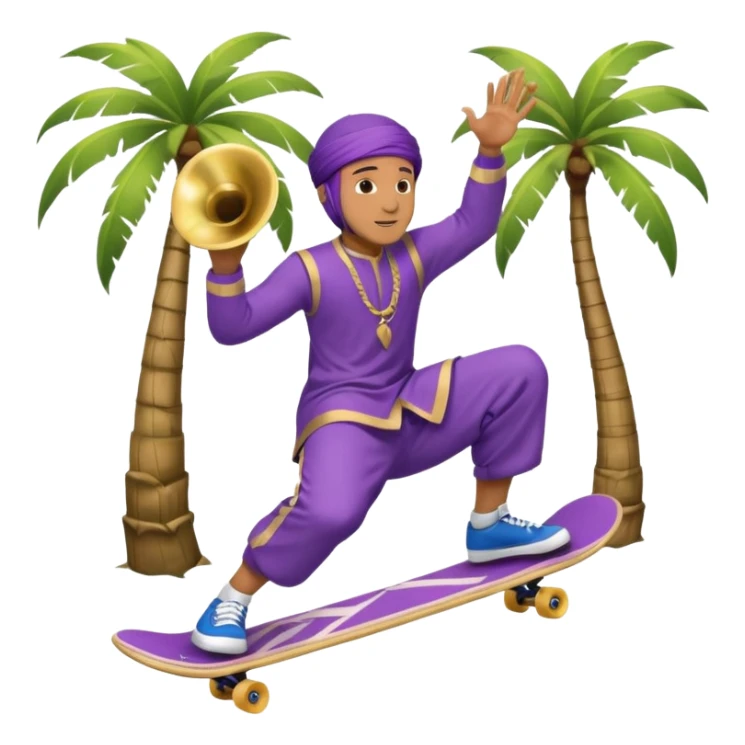 Islamic male, with a violet kufi, doing a kick-flip on a skateboard, playing a blue French horn, underneath a coconut tree sticker