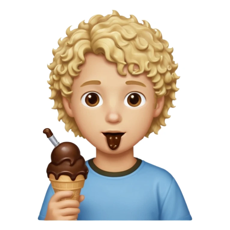 boy blonde curly hair, chef, eating big chocolate ice cream sticker