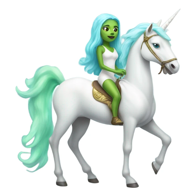 [(a light green amazon alien woman with blue eyes) on a (four-legged white unicorn)] sticker