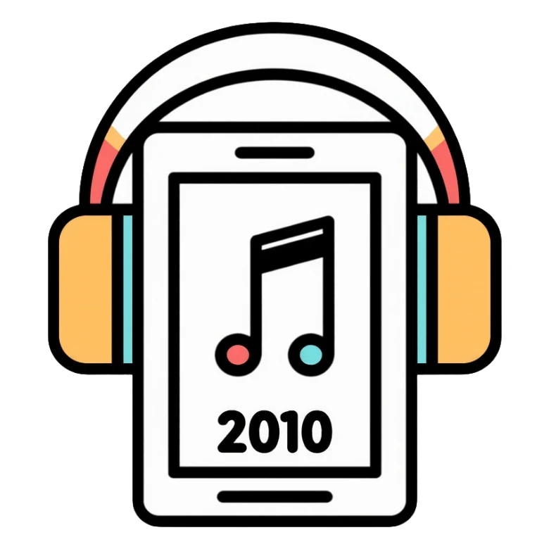 Music playlist icon with smartphone, headphones, and "2010" text, representing 2010s decade music sticker