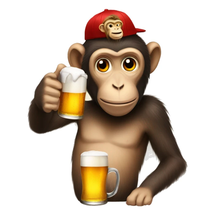 Monkey with a pet on his head and a beer sticker