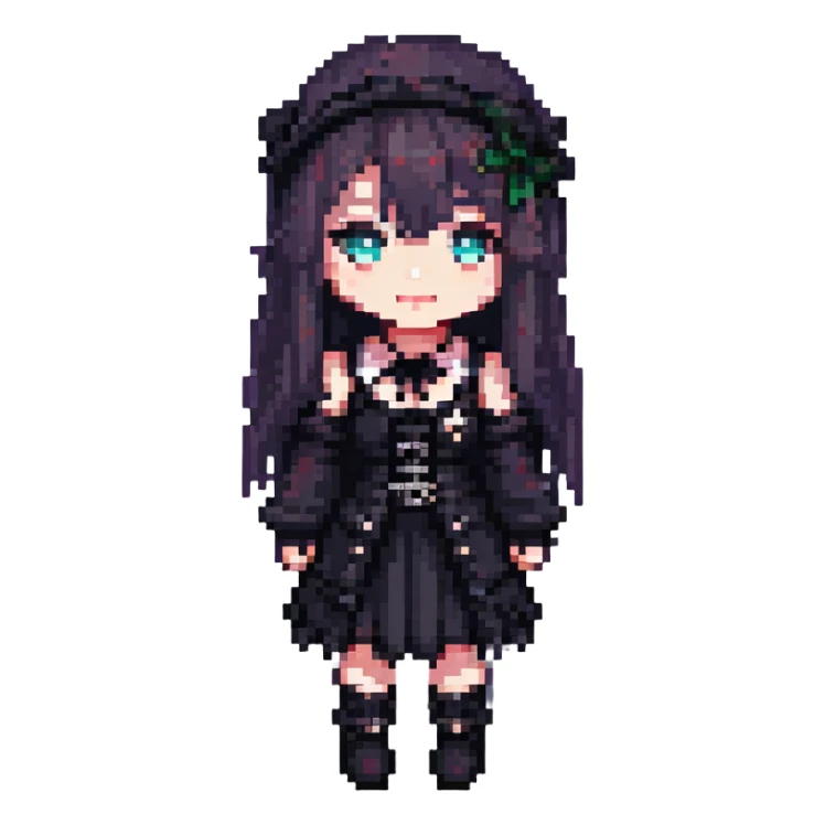 gothic girl, chibi proportions, gothic outfit, simple background, pixel art style sticker