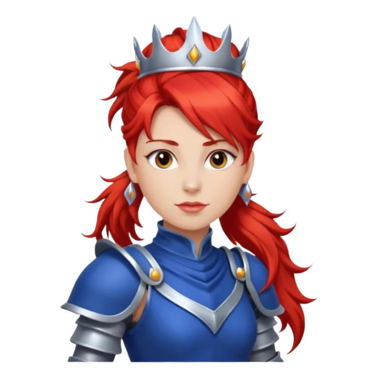 Red Haired Princess, Warrior Princess – fiery red ponytail, silver armor over royal dress, confident stance, silver crown sticker