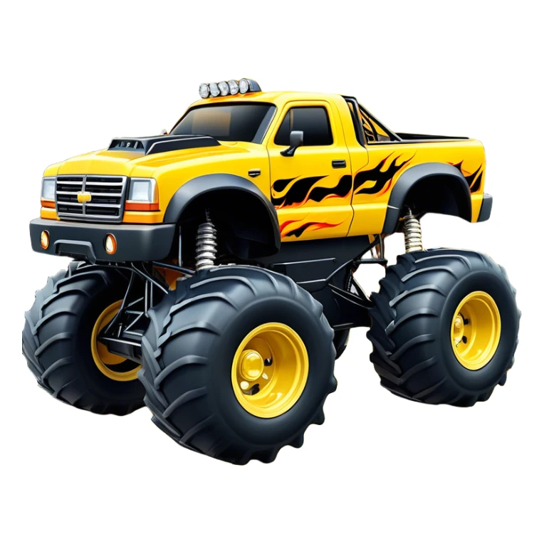 Maximum Destruction - Monster Jam (Model Year: 2021) (Iconic colour: Yellow with black flames) - A ferocious monster truck featuring a vivid yellow base accented by dramatic black flame patterns. Emphasize sharp, high-contrast flame streaks across the body, creating a look of aggressive, explosive energy. sticker