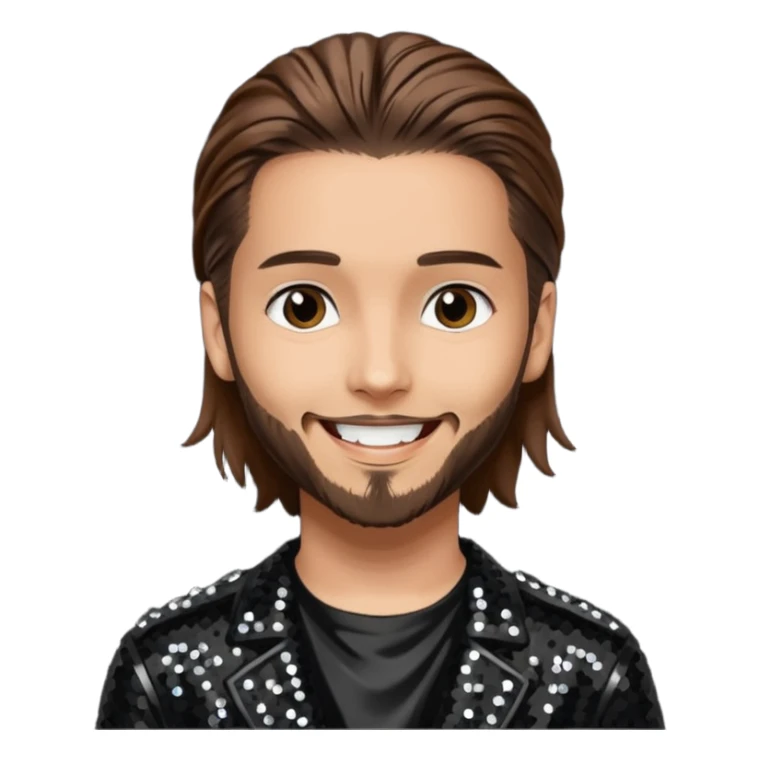 Tom Kaulitz from Tokio Hotel with long brown hair, black sequin outfit  sticker