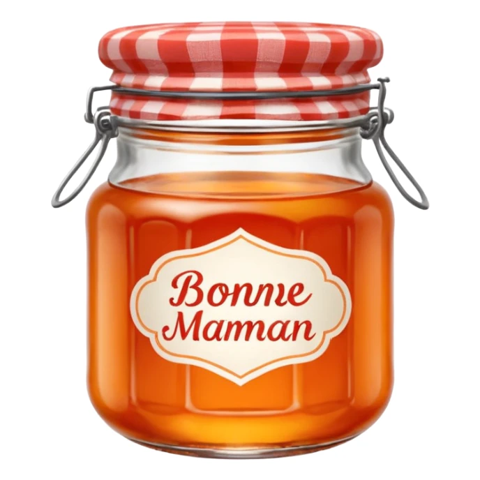 Bonne Maman orange marmalade jar, glass jar with red gingham lid, minimal style, orange marmalade, cute emoji style sticker