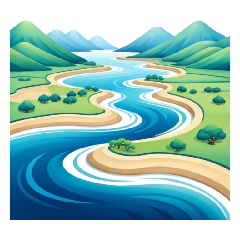 A 3D cartoon estuary where a river flows into the ocean, visible water color blend, soft natural lighting, Memoji-style. sticker