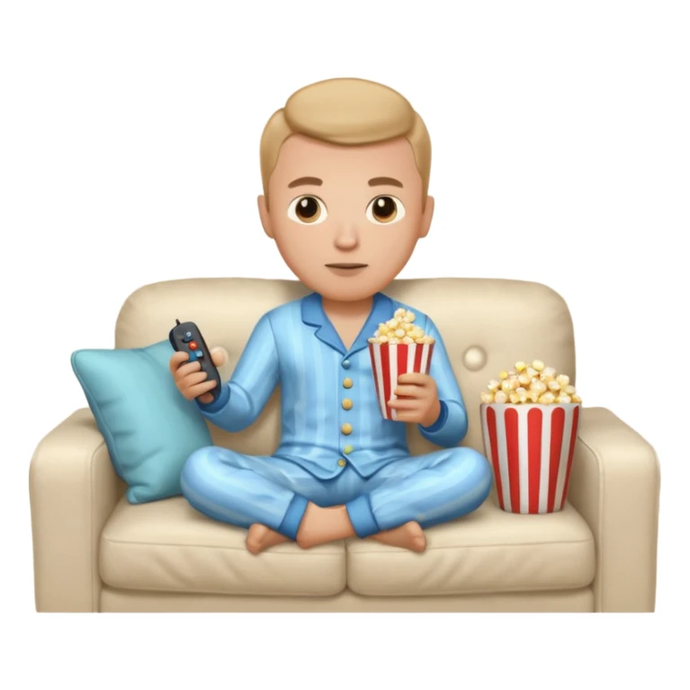 male memoji, in pajamas, sitting on couch, holding TV remote controller, relaxed face, casual home vibe, popcorn bucket on couch sticker