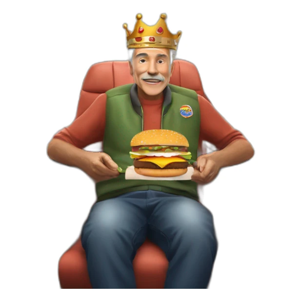 older 45yr old fraile man sitting on plane with burger king crown  sticker