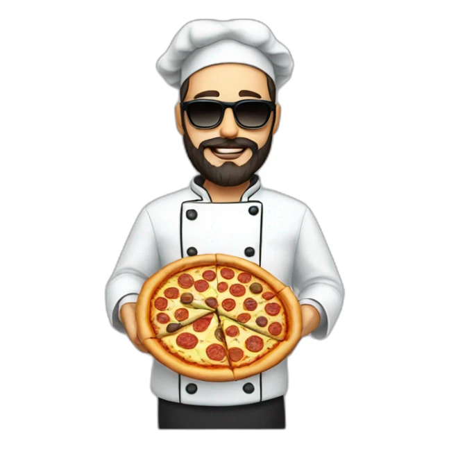 Dark haired chef with beard and big dark glasses holding a slice of pizza sticker