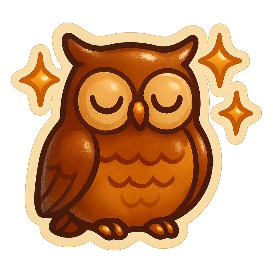 animated owl blinking with stars twinkling around, retro vintage style, cozy acoustic aesthetic, warm muted colors, subtle grain, soft lines, nostalgic analog mood, smooth loop, 112x112px sticker