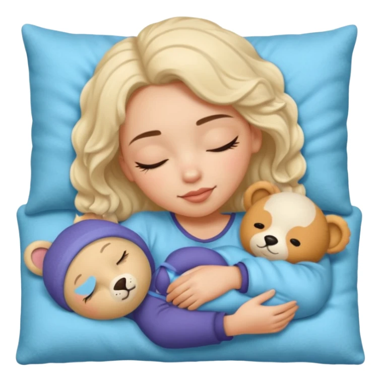single-girl-in-Warm Cream-cozy-blue-bed-sleeping-pretty-eyelashes-light-skin-with toy sticker