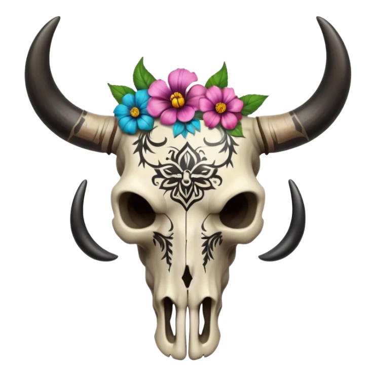 Aesthetic bull skull cranium with flowers, black painted tribal tattoo pattern markings  sticker