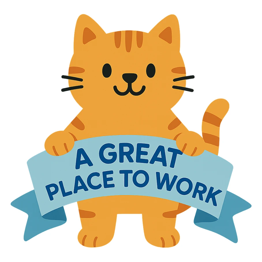 flat toon style cat holding a ribbon with the text 'a great place to work' written in blue sticker