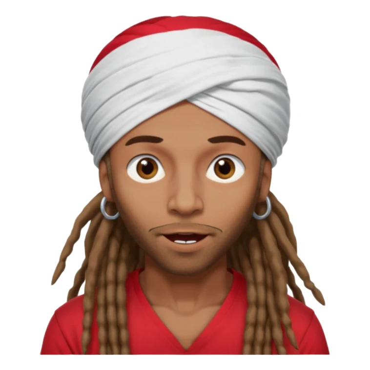 Brownskin man with long brown dreadlocks 
red t-shirt 
white turban 
expression is in love 
his eyes mouth open  sticker