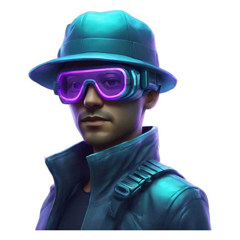 Secret human agent in a hat with  cyberpunk elements in VR googles scanning looking reviewing multicolor lines of code, cyan and purple colors, only upper body portrait sticker