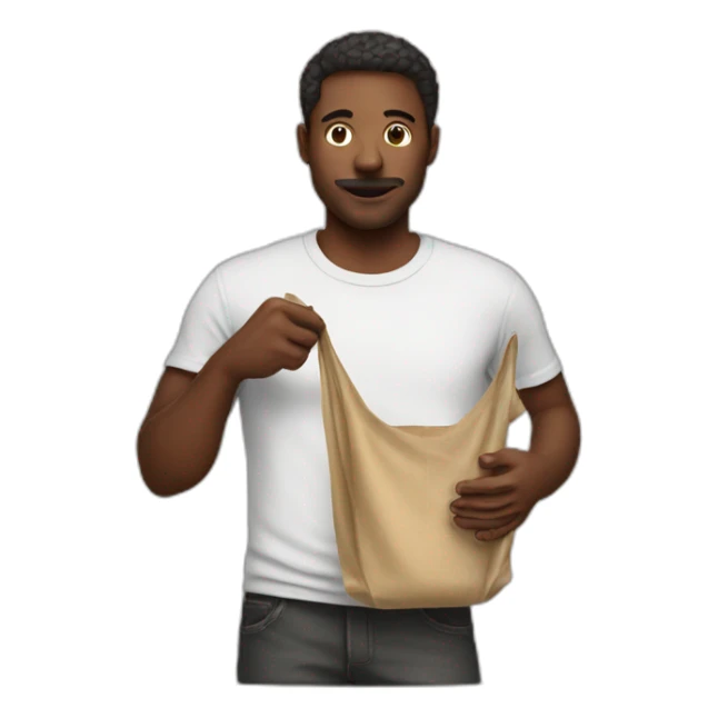man holding tee-shirt with a dark stain on it sticker