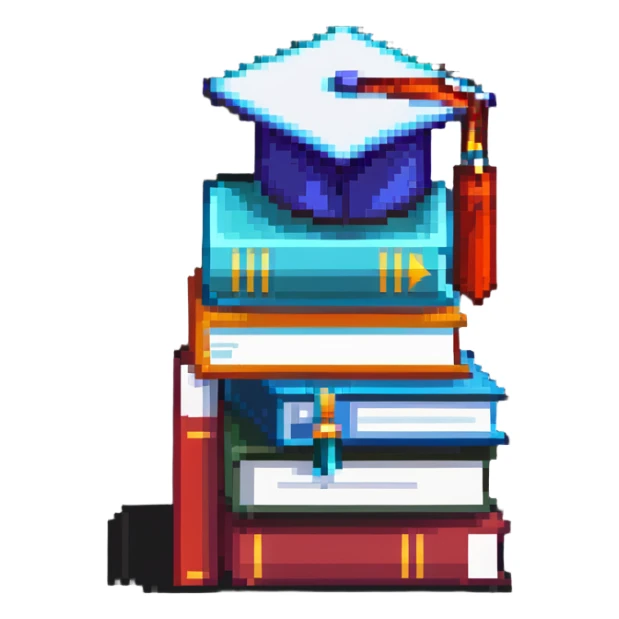 abstract pixel art, simple 3 books stack with graduation cap, minimal details sticker