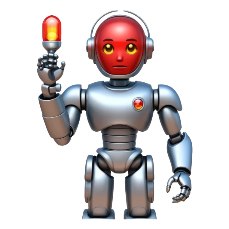 shiny muscular robot with red police light head facing backward emoji style sticker