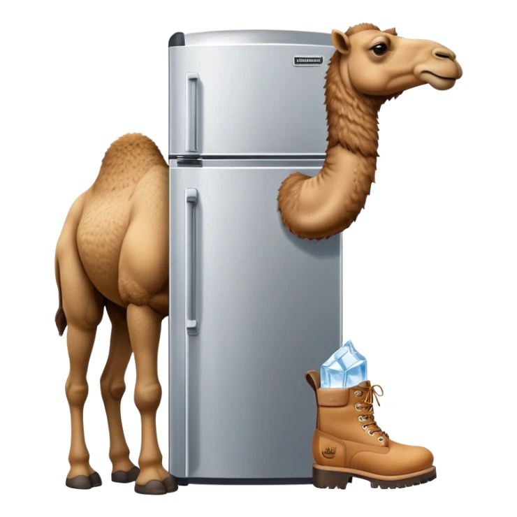 A desert camel head and neck attached to a stainless steel refrigerator body with ice dispenser, wearing classic Timberland-style work boots sticker