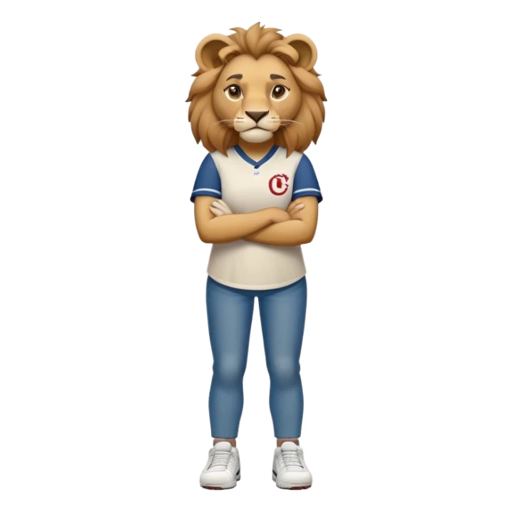 friendly anthropomorphised female lion wearing a baseball shirt, jeans, trainers, standing upright with arms folded, looking very determined sticker