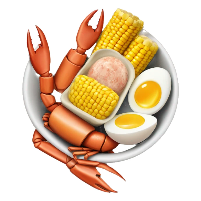 Bowl with crab legs and hard boiled eggs and corn cobs and sausage  sticker