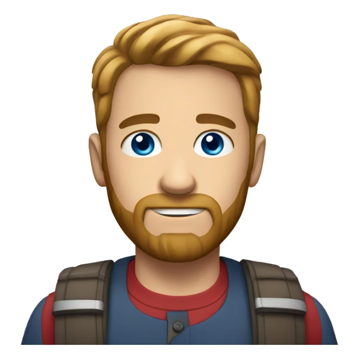 man with short hair short beard blue eyes red shirt sticker