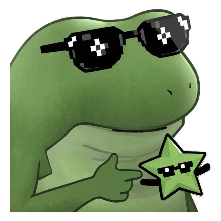 bufo with triangle shaped 8 bit sunglasses full black, confident smile, with a mini black star in his hand sticker