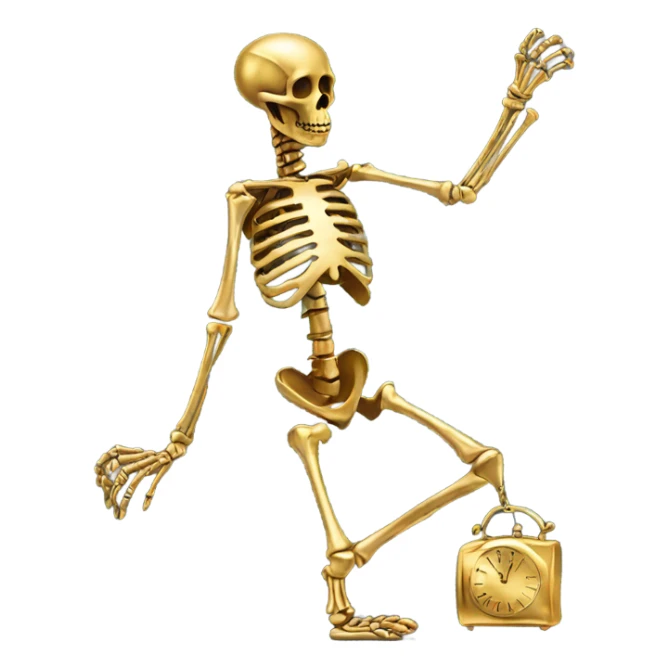 A skeleton made out of gold with a rabbit with a watch on  sticker