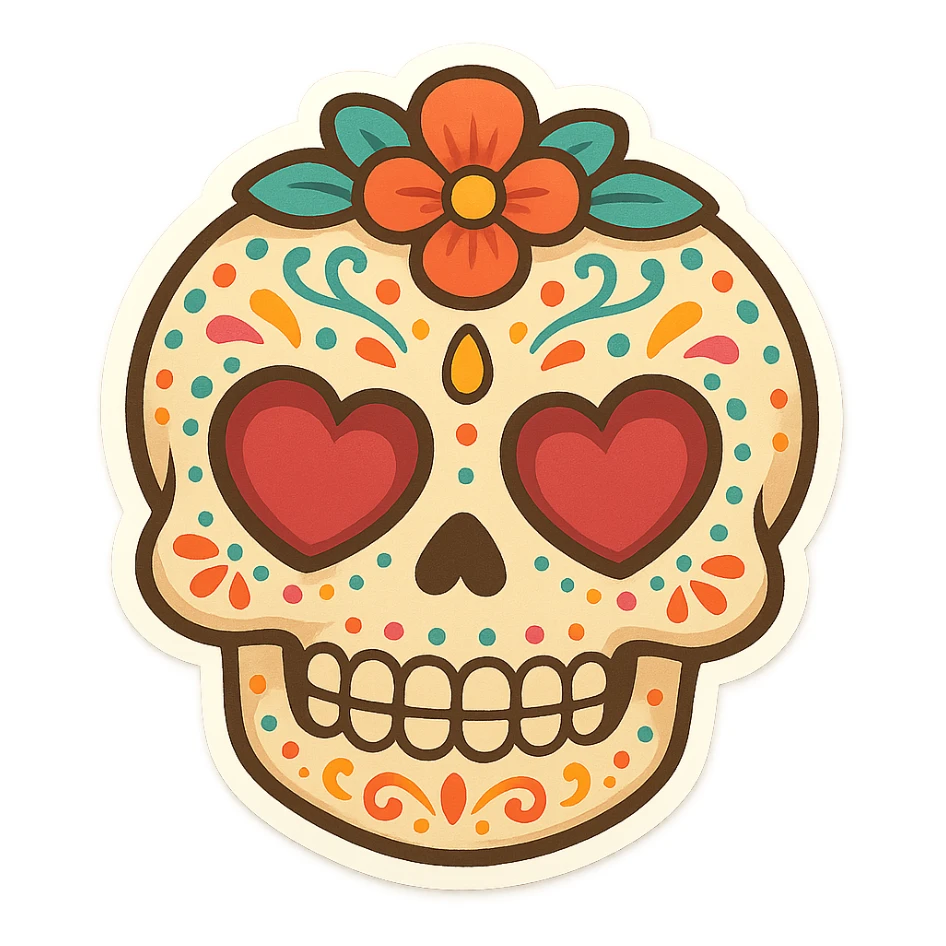 stylized cartoon sugar skull with heart-shaped eyes, bright colors, festive sticker