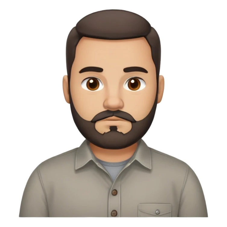 Stocky approachable man with light brown complexion, round friendly face, full cheeks, kind dark eyes, thick eyebrows, wide nose, medium lips with warm expression, short well-maintained full beard, short dark hair with simple cut, wearing a gray casual button-up shirt sticker