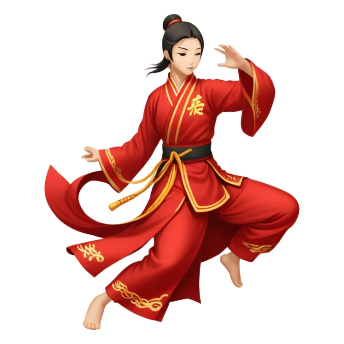 Emblem symbolizing Wushu martial arts. A graceful martial artist performs a dynamic kung fu pose, with flowing movements and a long, elegant robe. The background features stylized clouds and traditional Chinese symbols, representing fluidity, balance, and precision. Transparent background. sticker