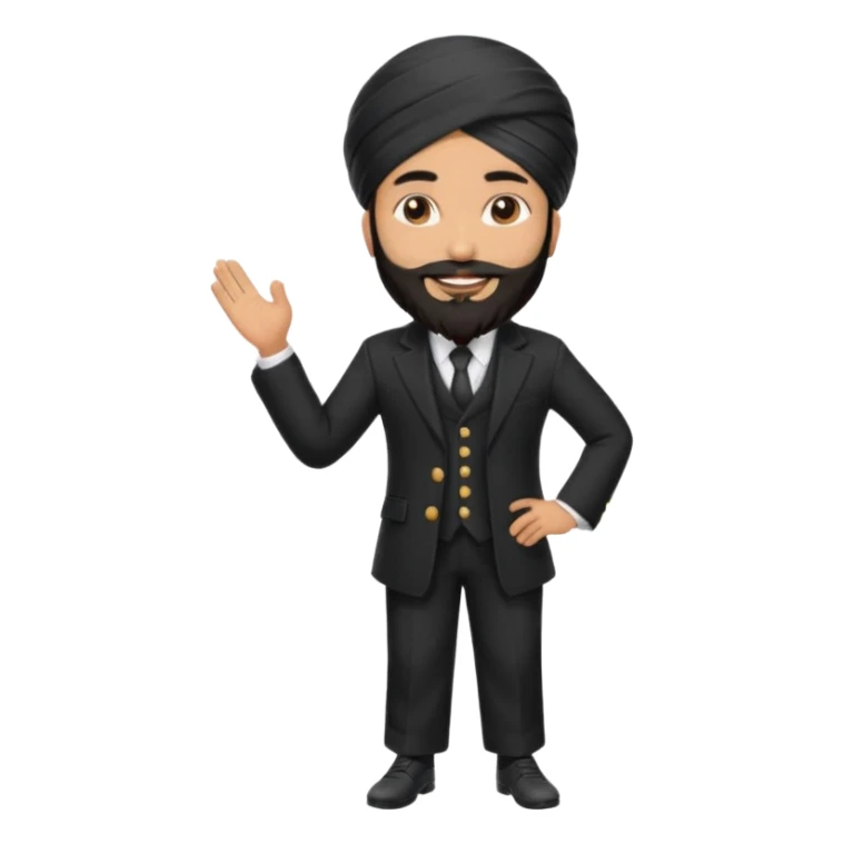 Sikh man with turban styled in a premium black coat pant suit with sticker