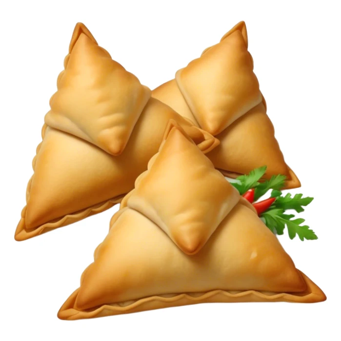 Cinematic Realistic Samosas Dish Emoji, depicted as golden, crispy pastry pockets filled with spiced vegetables rendered with detailed textures and appetizing lighting. sticker