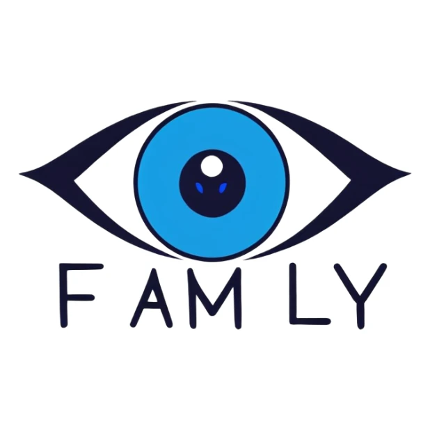 The word family written on a blue evil eye sticker