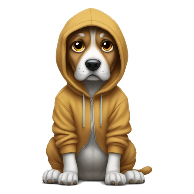 Dog wearing hoddie Nike shoes and sad sticker