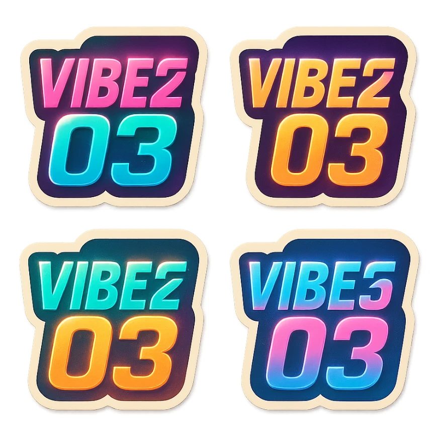 Create four color variations of the VIBE25-03 logo using Miami Vice-inspired pastel palettes: pink/teal, purple/yellow, turquoise/orange, and blue/pink. Add subtle 80's retro effects including gradients, neon glow, and halftone textures. Keep the background transparent. sticker