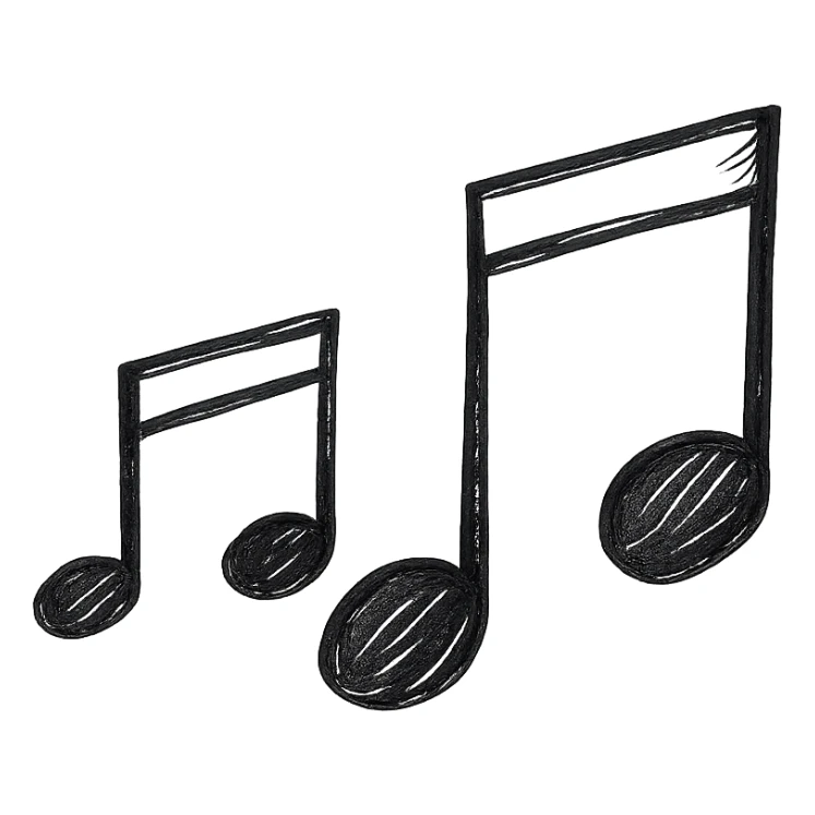 Musical notes icon, hand drawn, black outlines, no fill, simple and clean, angled view sticker