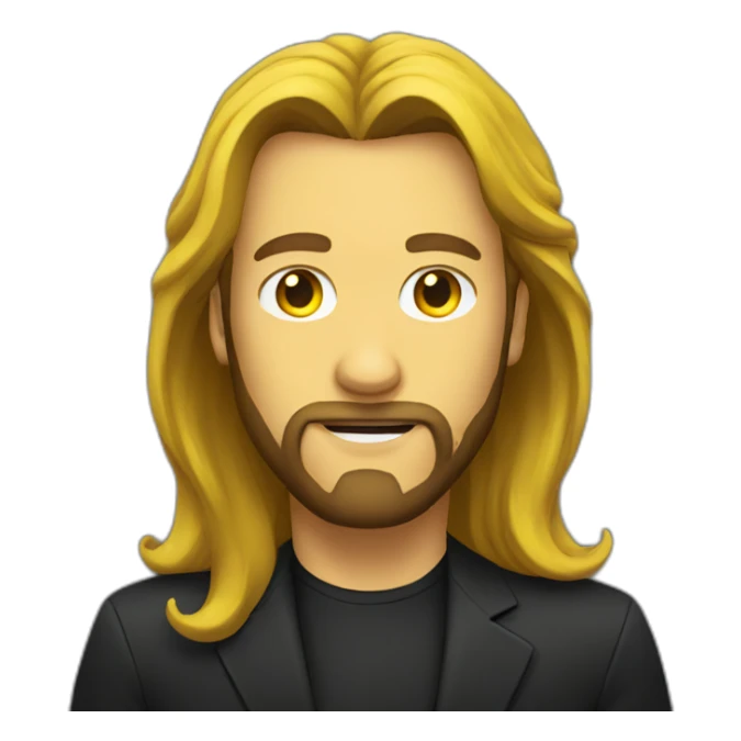 A man with long hair, a beard and a black shirt behind a yellow suit sticker