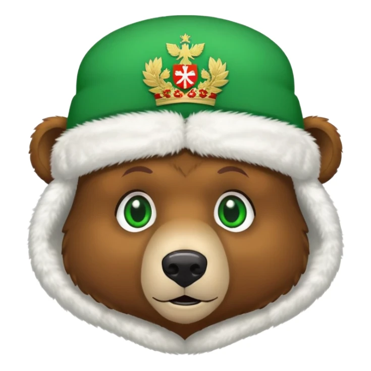 Sweet brown bear face with green eyes, white fluffy ushanka hat with very visible Russian Federation coat of arms in center, iOS emoji style sticker