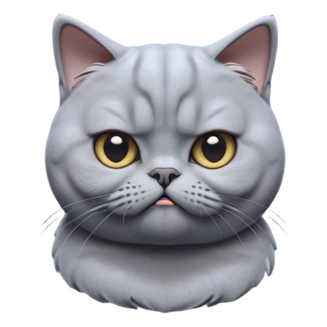 Cinematic Comical Grey British Shorthair Cat Portrait Emoji, Head tilted with a scrunched, grumpy expression, sleek soft grey fur with subtle blue undertones, Simplified yet sharp features, highly detailed, glowing with a slightly sarcastic glow, high shine, poised but with a comically displeased demeanor, stylized with an air of playful disdain, focused yet unimpressed, soft glowing outline, capturing the essence of a grumpy yet endearing kitty, so lifelike it feels like it could give you an exaggerated sigh and a disapproving stare at any moment! sticker