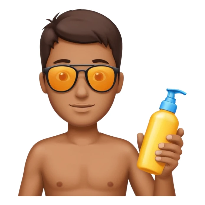 
male brunet suncream bottle and sunglasses, with sun burned sticker